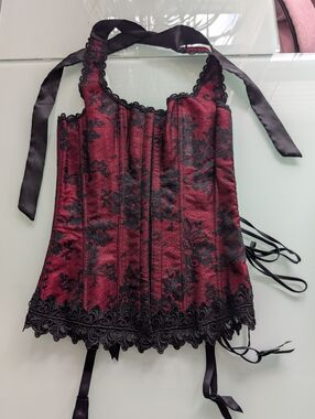 Frederick's of Hollywood Red and Black Lace-Up Corset Panel